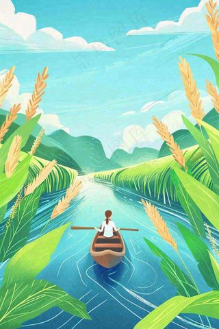 春天小麦田里的河流女孩坐船小麦麦穗小满芒种惊蛰卡通插画背景