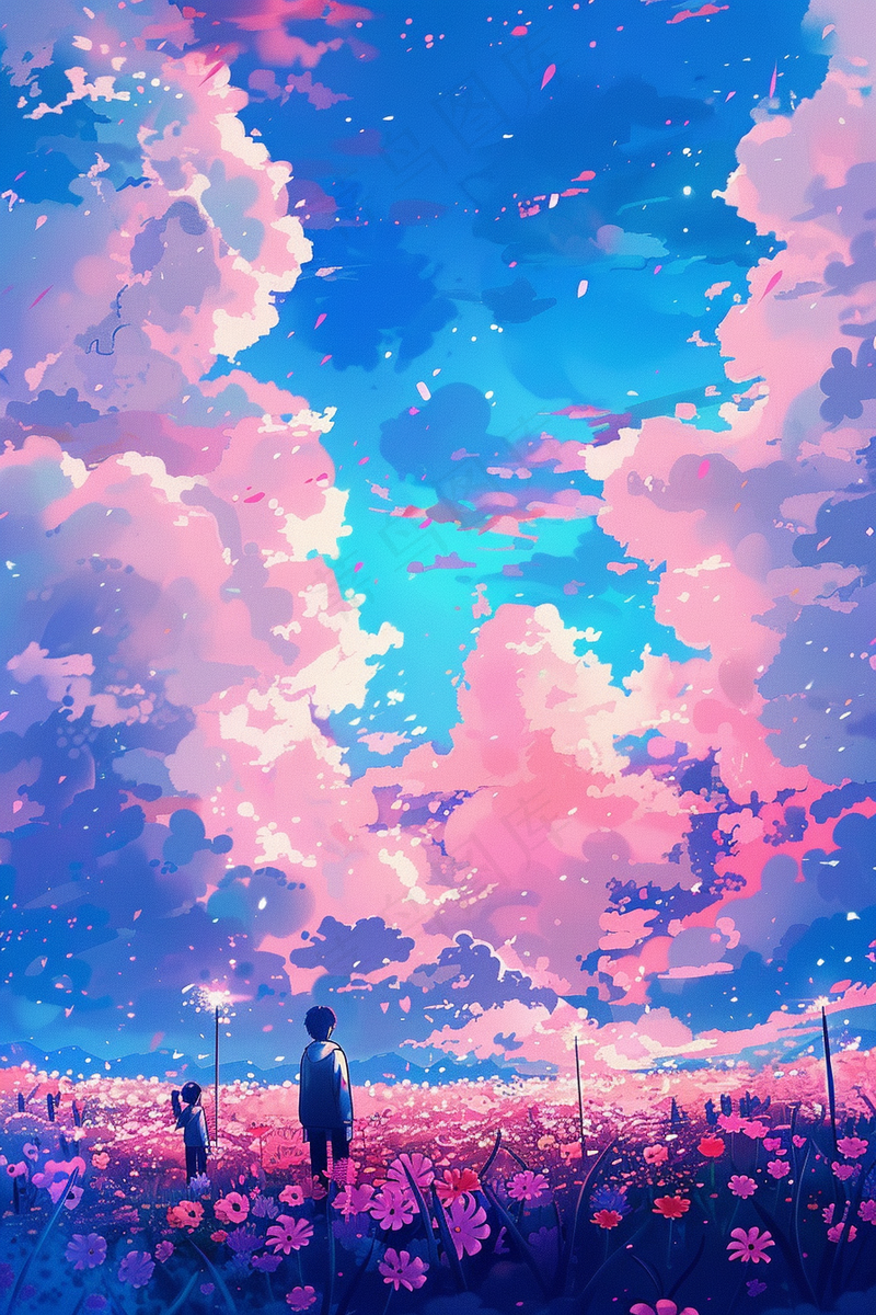 天空之境粉紫天空花海里的少女少年插画背景(2688x4032)