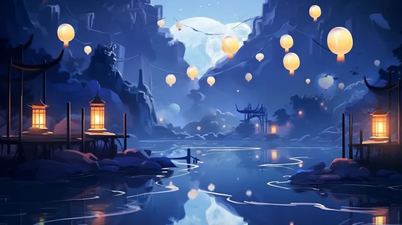 节日灯笼祈福夜晚天水一色蓝色卡通插画插图背景(4368x2448)