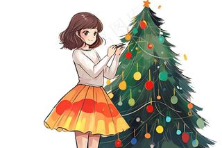 女孩装饰圣诞树可爱卡通插画免抠