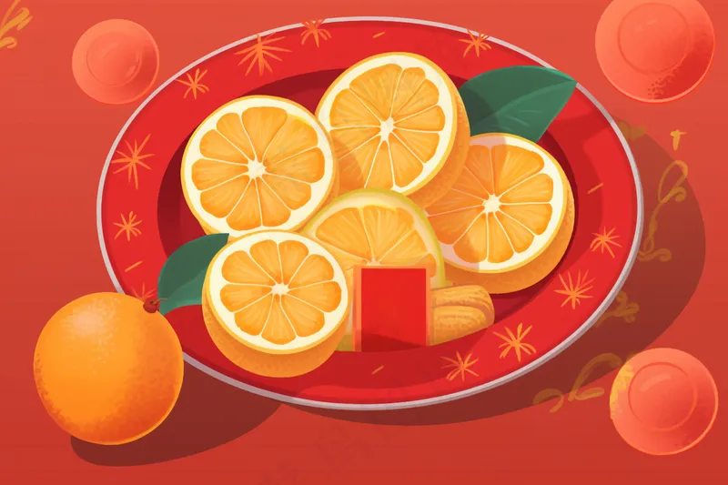 新年水果装盘红色插画背景(4032x2688)