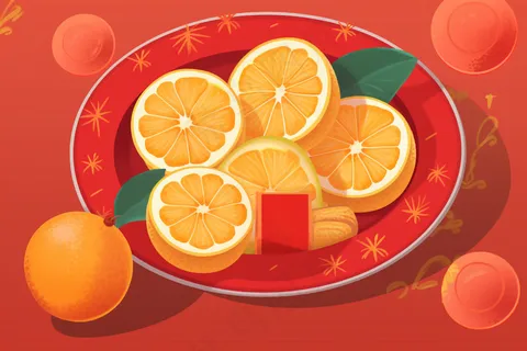 新年水果装盘红色插画背景