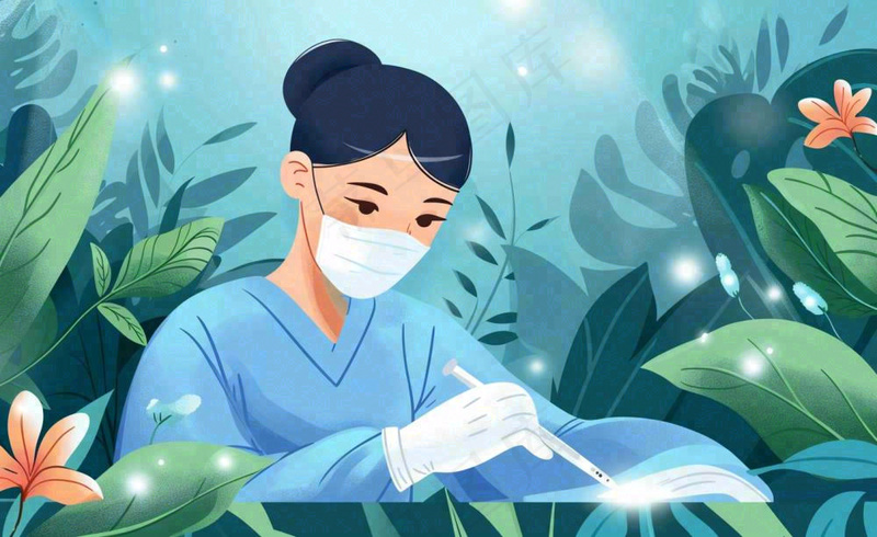 卡通医生护士做手术绿植绿色创意卡通插画背景(1408x864)