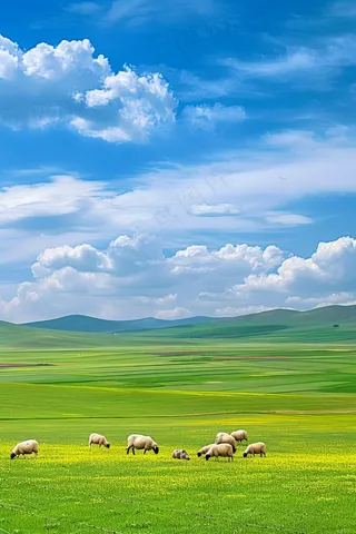 春天草甸草地山坡摄影图