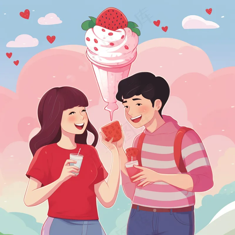 情侣约会粉色爱心泡泡草莓奶茶奶油甜蜜卡通插画背景(x)