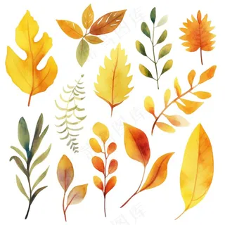 秋天落叶黄叶水彩画卡通插画免抠