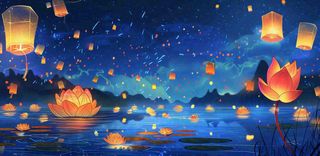 湖面花灯孔明灯风景夜晚荷花灯许愿灯放天灯中国风古风中元节寒衣节插画背景