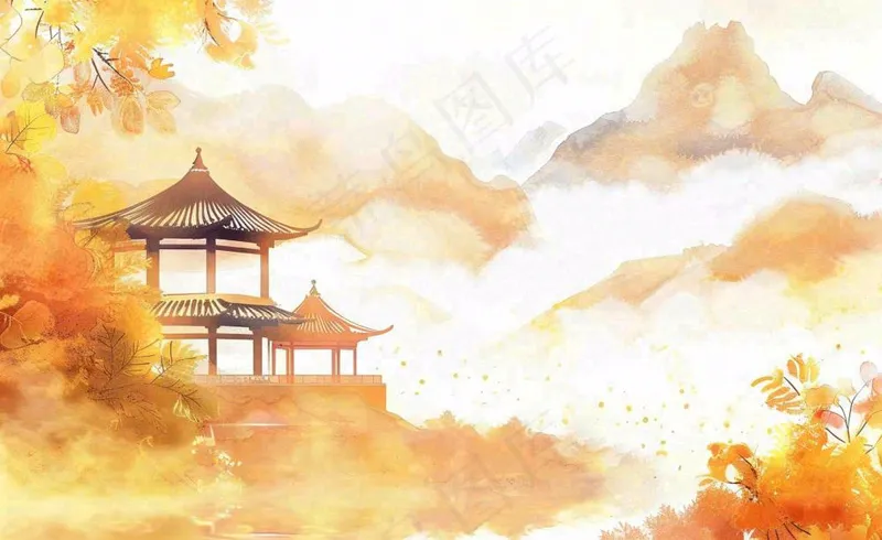 唯美古风建筑枫叶亭子秋天植物山水风景立秋处暑秋分中国风水彩手绘背景(1408x864)