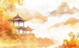 唯美古风建筑枫叶亭子秋天植物山水风景立秋处暑秋分中国风水彩手绘背景