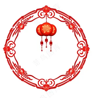 红色圆形边框窗花春节贴纸免抠