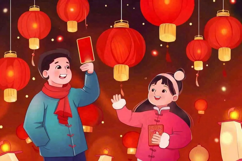 新年春节一家人出游红灯笼红包除夕元宵红色卡通插画背景(1344x896)