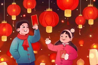 新年春节一家人出游红灯笼红包除夕元宵红色卡通插画背景