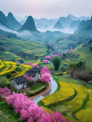 美丽乡村油菜花和桃花