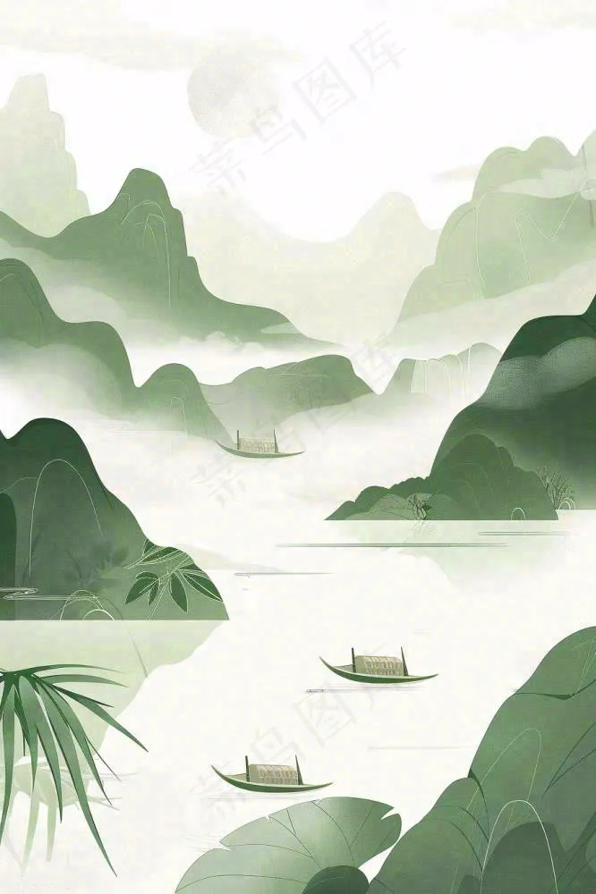 水墨画山水小船绿水青山清明端午插画背景(896x1344)