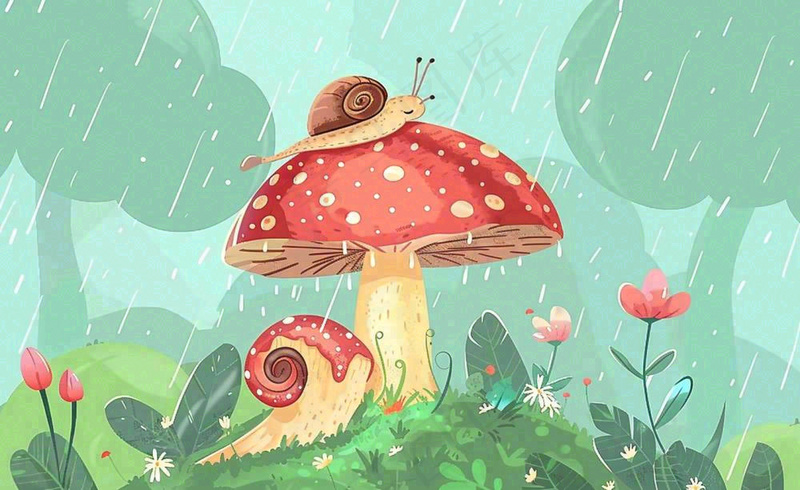 春天雨水蘑菇上的蜗牛森林惊蛰谷雨插画背景(1408x864)
