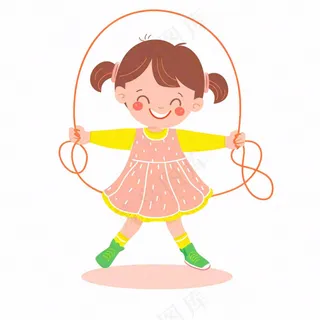 小女孩穿粉裙子跳绳运动卡通插画免抠