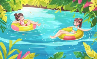 夏天游泳泳池人物游泳女孩蓝色背景泳圈夏日运动立夏大暑小暑夏至卡通插画背景