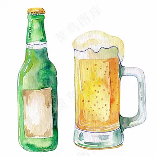 啤酒酒瓶饮料水彩画插画免抠