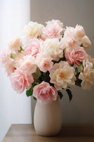白粉花玫瑰鲜花花瓶家居摄影图