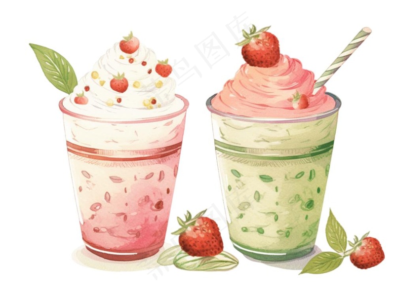 抹茶草莓奶茶奶油夏日清凉饮品卡通手绘插画免抠(1232x928)
