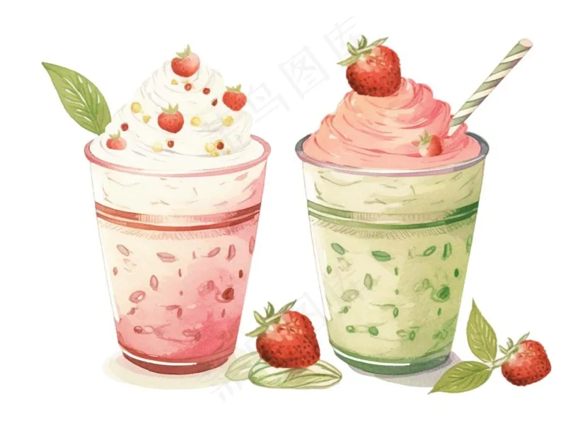 抹茶草莓奶茶奶油夏日清凉饮品卡通手绘插画免抠(1232x928)