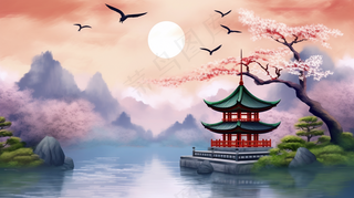 古风古建筑山水画阁楼凉亭春天山花烂漫插画背景