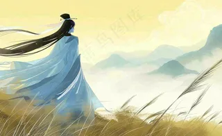 古风小清新手绘白露插画山下芦苇与古装男仙侠插画背景