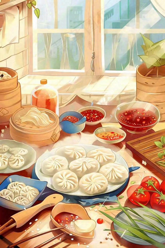 中国传统美食饺子蘸料冬天节日冬至插画背景(896x1344)