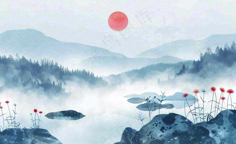 中国风水墨画山水画寒露插画背景(1408x864)