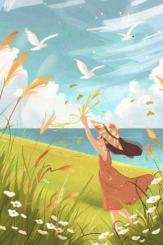 秋天湖边女孩随风舞动芦苇荡白鸽白鹭白露寒露插画背景