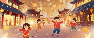新年热闹街道儿童玩耍喜乐走街串巷灯笼烟花春节小年除夕夜元宵国潮风插画背景