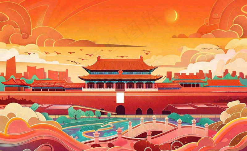 祖国繁荣昌盛插画*红色喜庆庆祝山河国庆建军建党国潮风插画背景(1408x864)