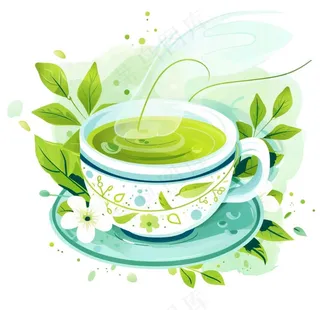 绿茶茶杯青叶清明元素卡通插画免抠