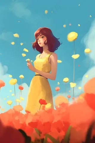 春天红色花海里的少女插画背景