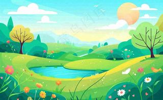 春天插画立春节气郊游遇见春天你好春天花草春风旅游草地风景扁平画背景
