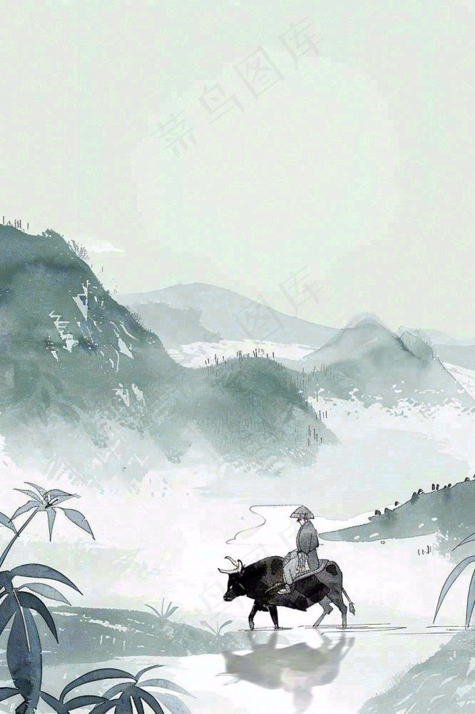 清明牧童人水墨画山水插画背景(896x1344)