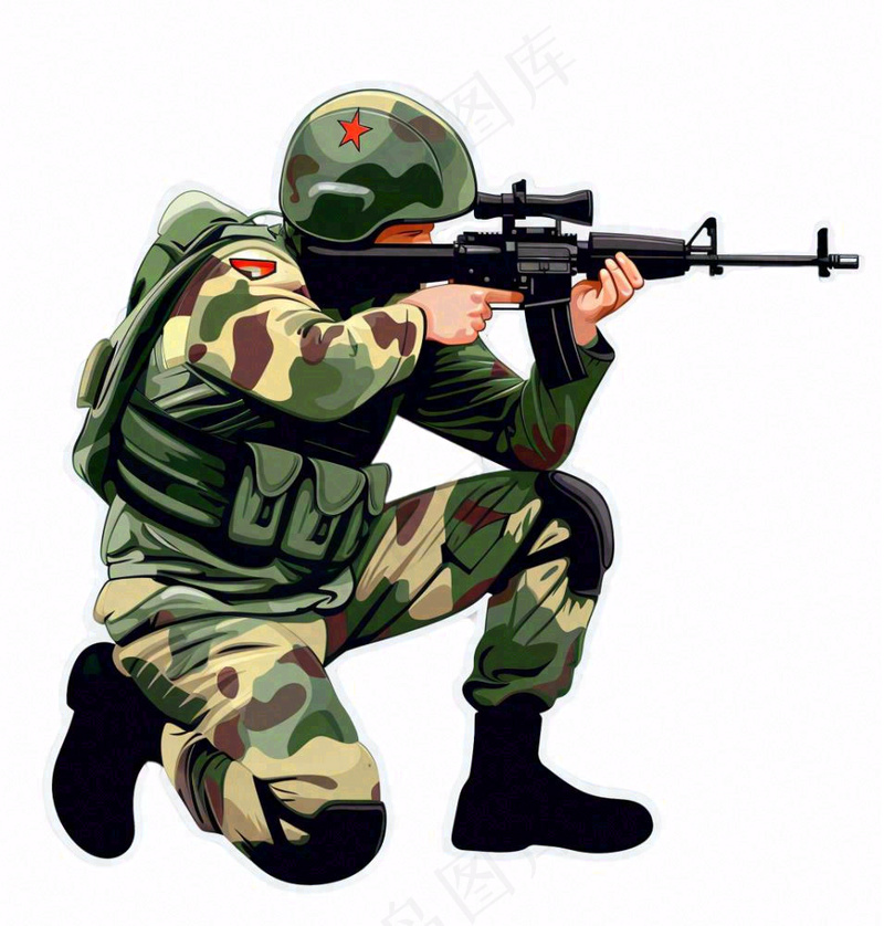 士兵军人拿着枪训练人物卡通插画免抠(1024x1072)