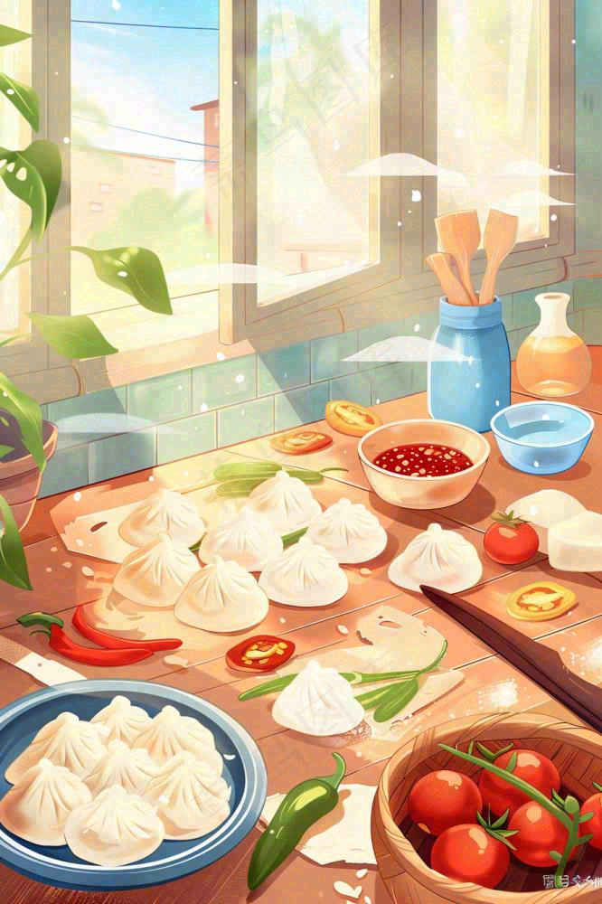 中国传统美食饺子蘸料冬天节日冬至插画背景(896x1344)