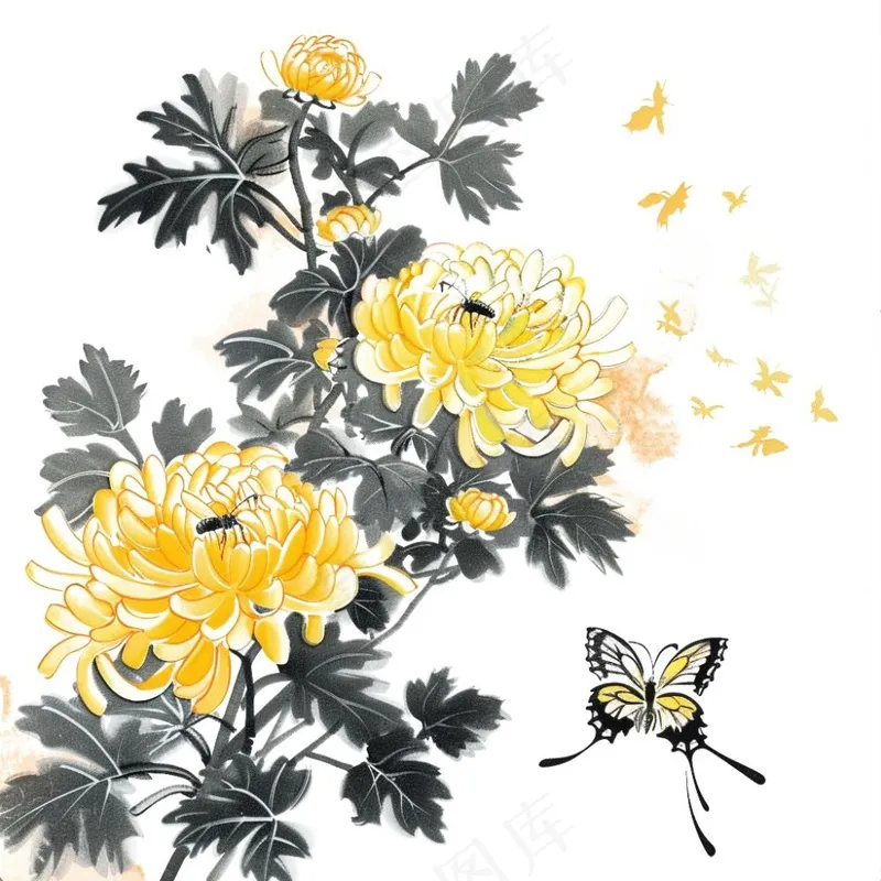 水墨菊花蝴蝶清明中秋插画免抠(1024x1024)