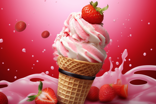 美味冰淇淋蛋筒粉色梦幻背景草莓摄影图