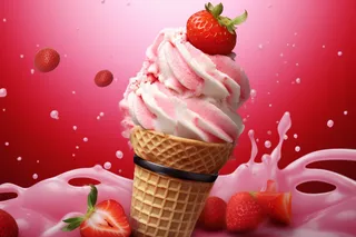 美味冰淇淋蛋筒粉色梦幻背景草莓摄影图