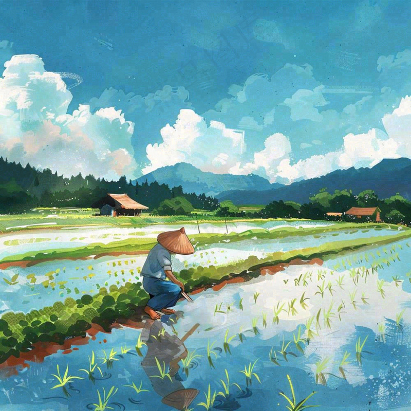 水彩手绘谷雨农夫插秧小满芒种蓝色清新背景插画(1024x1024)