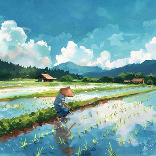 水彩手绘谷雨农夫插秧小满芒种蓝色清新背景插画
