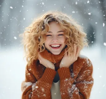 下雪天雪地里赏雪的女孩开环大笑摄影图