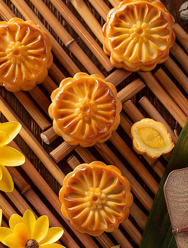 中国传统糕点月饼竹制托盘上的月饼中秋节木制背景摄影图
