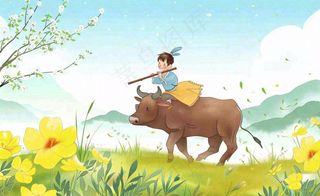春天孩童放牛吹笛草地花丛出游清明时节卡通插画背景