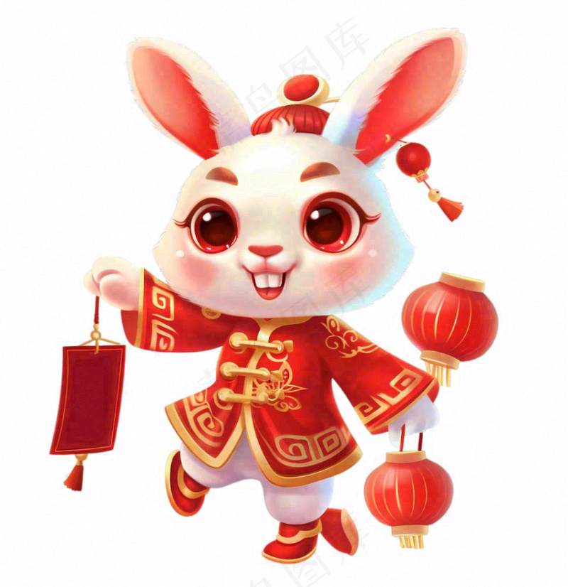 白兔兔年吉祥新年十二生肖红色喜庆卡通插画免抠(1024x1056)