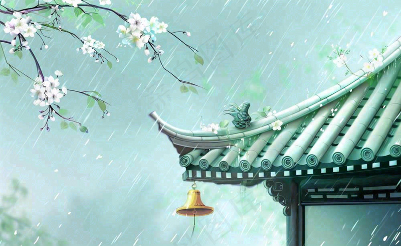 古风手绘雨插画下雨天的屋檐谷雨雨水插画背景(1408x864)