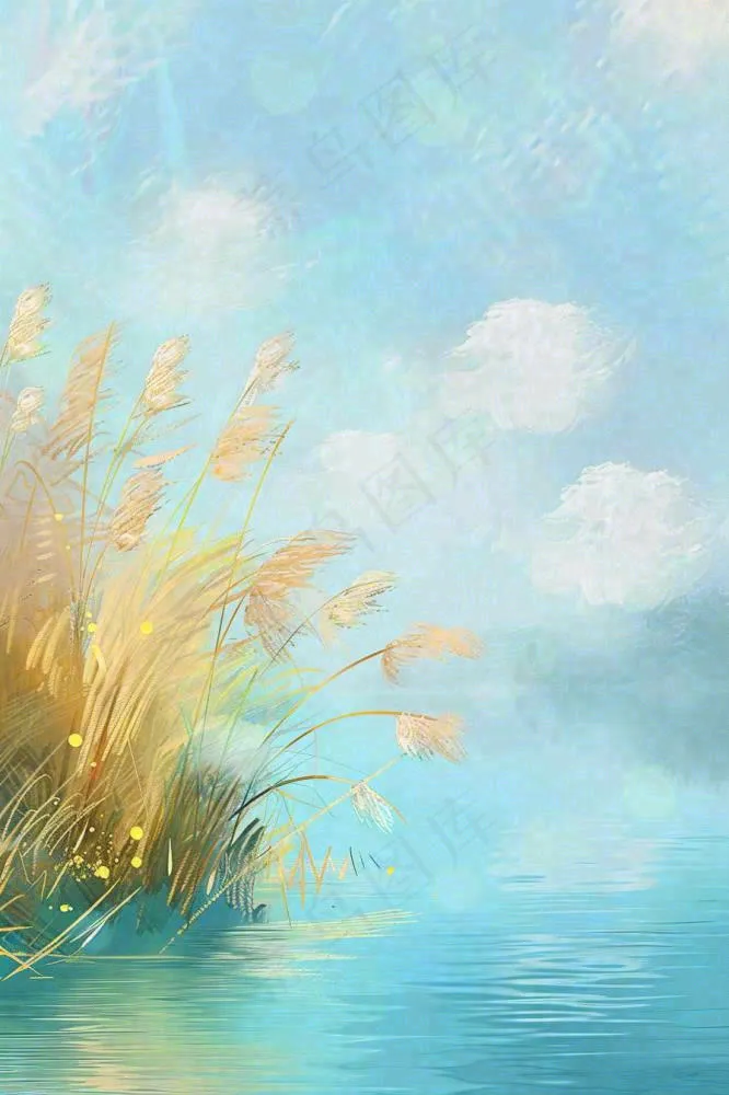 水彩芦苇荡山水画古风中国风白露插画寒露处暑背景(896x1344)