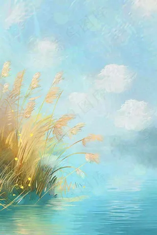 水彩芦苇荡山水画古风中国风白露插画寒露处暑背景